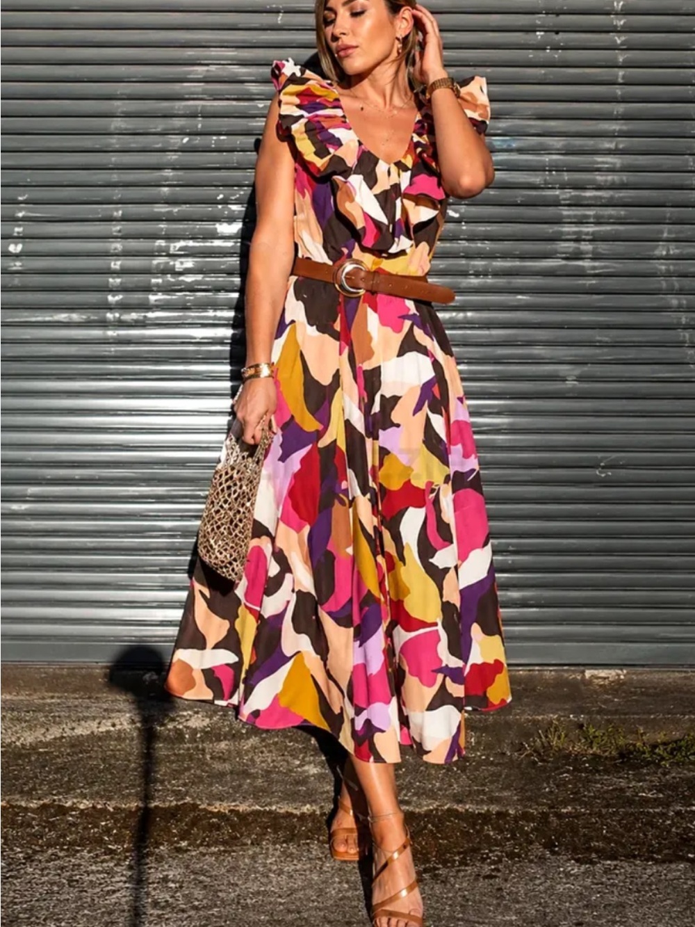 Zara Multicolor Ruffled V-Neck Midi Dress with Belt - Picture 3 of 7